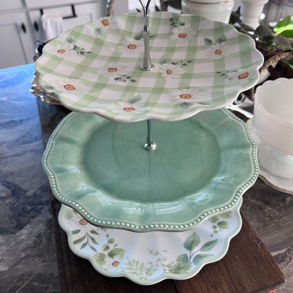 Hand made 3 tier serving set with Hobby Lobby Green and white serving plates.